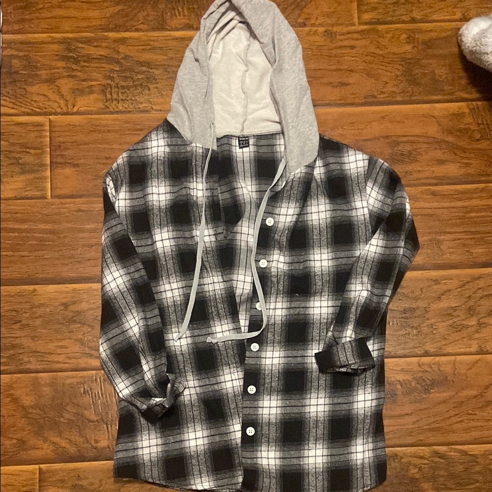 SHEIN Black and White Plaid Shirt with Gray Hood